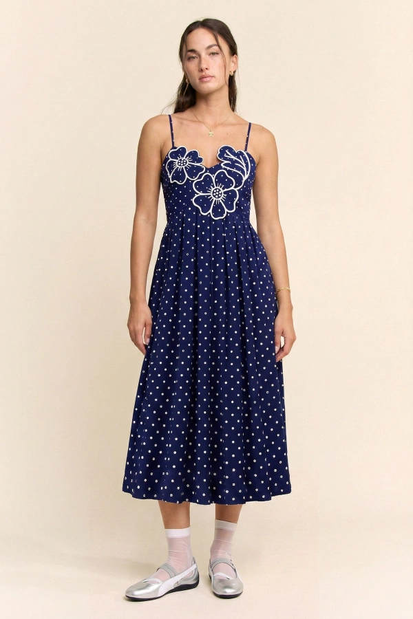 wholesale clothing flower embroidered patchwork smocking midi dress davi & dani