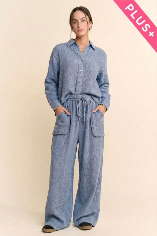 wholesale clothing plus garment washed shirt top cinched pants set davi & dani