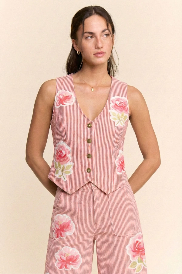 wholesale clothing flower sleeveless ribbed knit cropped knit vest davi & dani