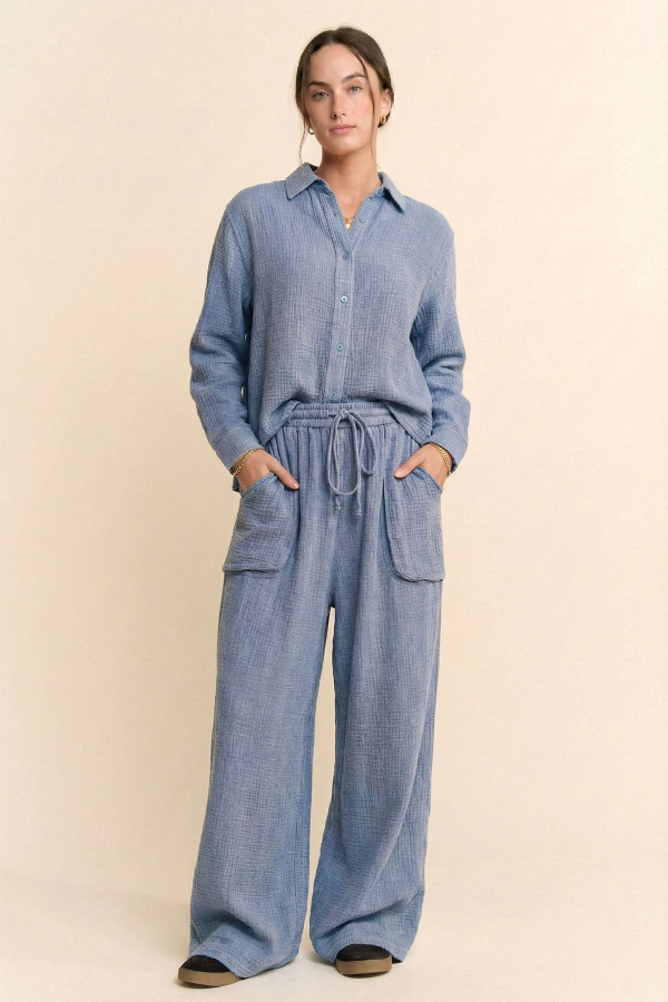 wholesale clothing garment washed crop shirt top cinched pants set davi & dani