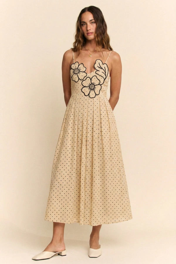 wholesale clothing flower embroidered patchwork smocking midi dress davi & dani