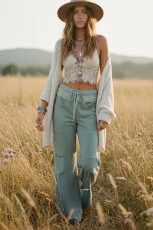 wholesale clothing garment washed panel elastic waist wide leg pants davi & dani