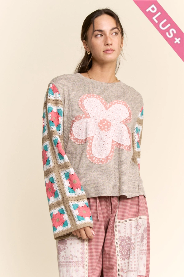 wholesale clothing plus floral applique patchwork knit top davi & dani