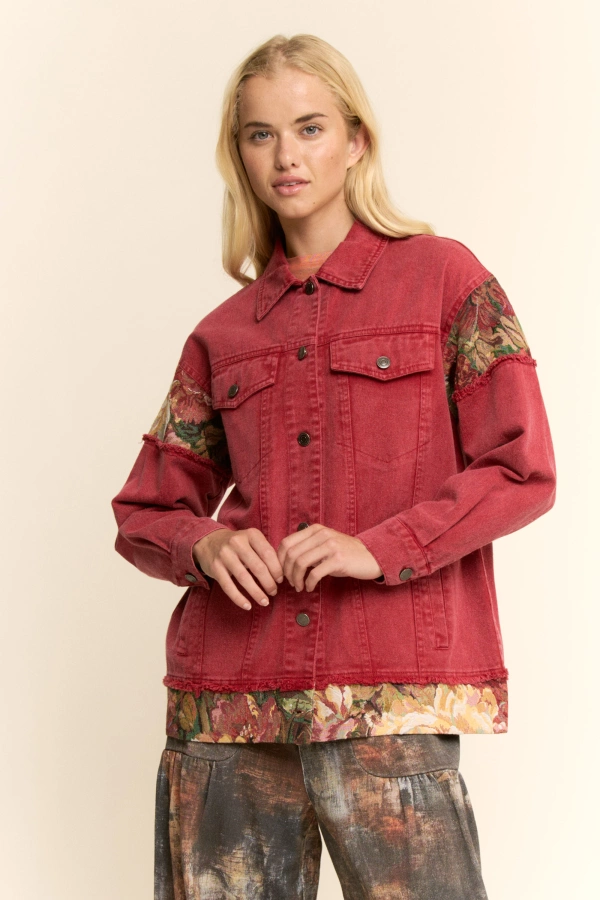 wholesale clothing stone washed denim jacquard panel midi jacket davi & dani