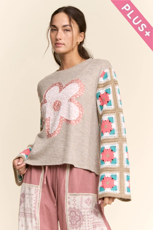 wholesale clothing plus floral applique patchwork knit top davi & dani