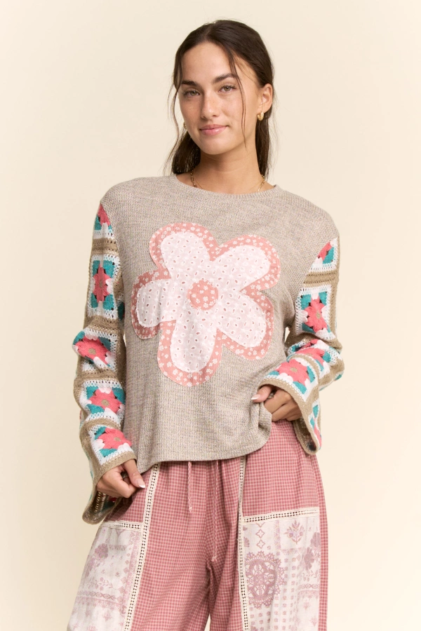 wholesale clothing floral applique patchwork knit top davi & dani