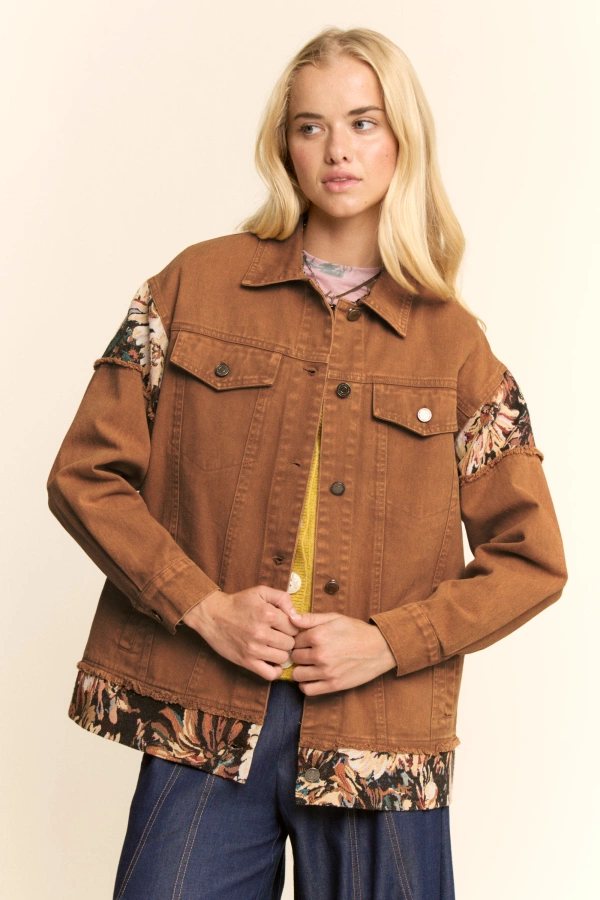 wholesale clothing stone washed denim jacquard panel midi jacket davi & dani