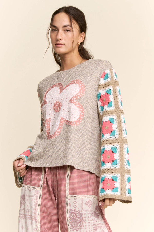 wholesale clothing floral applique patchwork knit top davi & dani