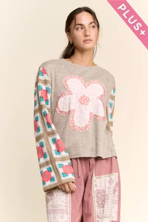 wholesale clothing plus floral applique patchwork knit top davi & dani