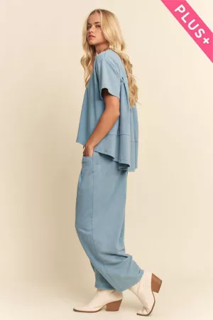 wholesale clothing plus  garment washed pleat short sleeve set davi & dani