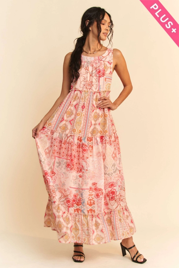 wholesale clothing plus geo floral mix sleeveless tirered maxi dress davi & dani
