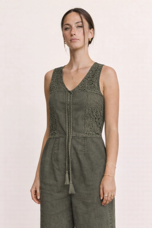 wholesale clothing lace tweed patch work denim overall jumpsuit davi & dani