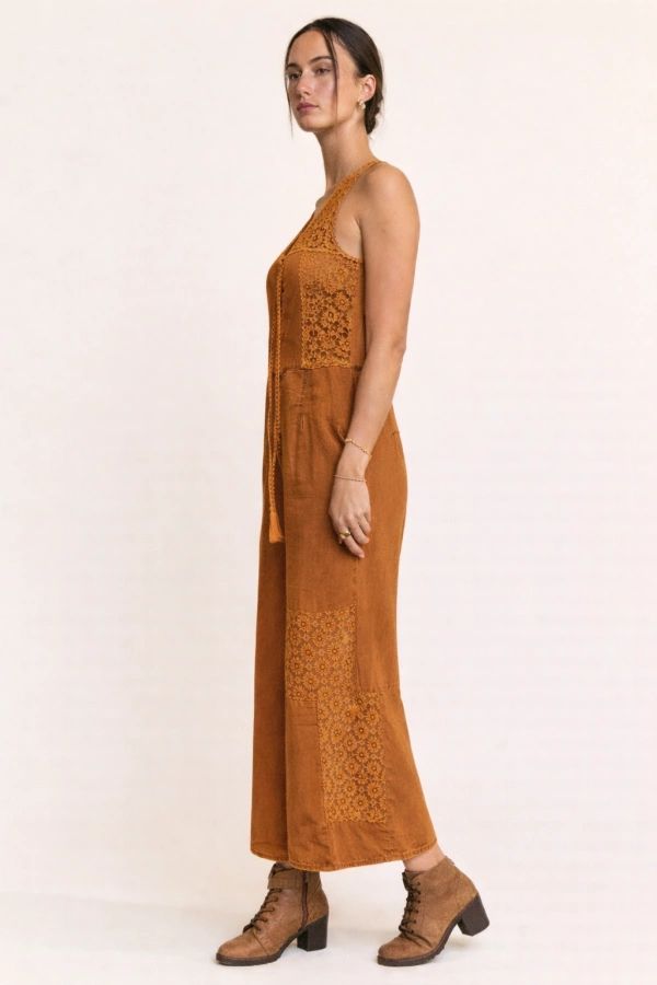 wholesale clothing lace tweed patch work denim overall jumpsuit davi & dani