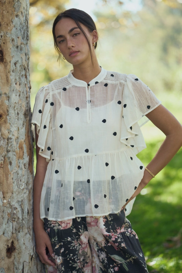 wholesale clothing sheer polka dot ruffle sleeve blouse davi & dani