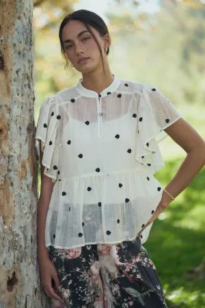 wholesale clothing sheer polka dot ruffle sleeve blouse davi & dani