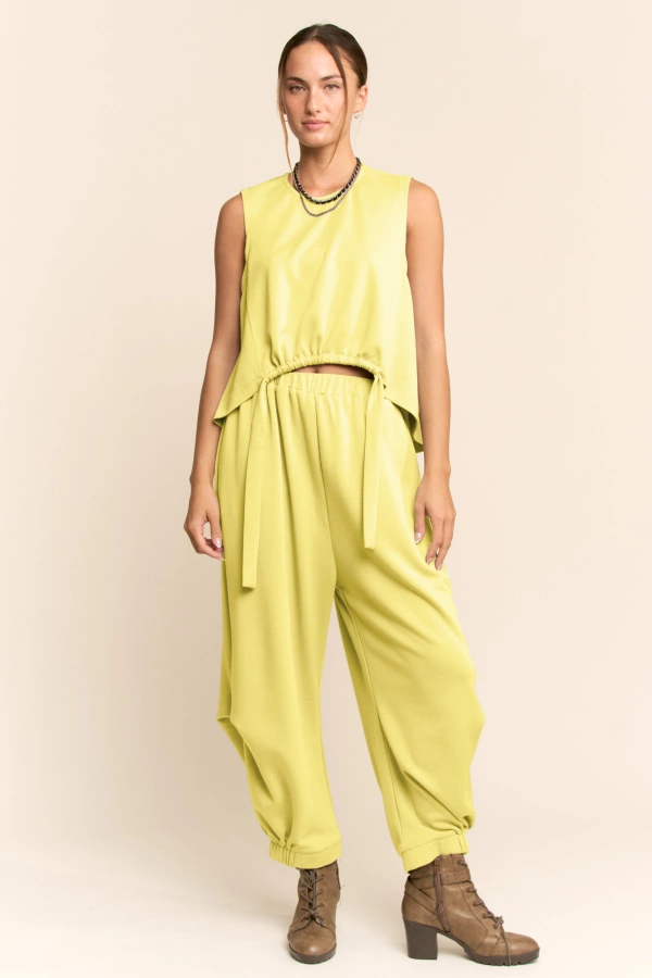 wholesale clothing solid crew neck cinch tie top waistband pants set davi & dani