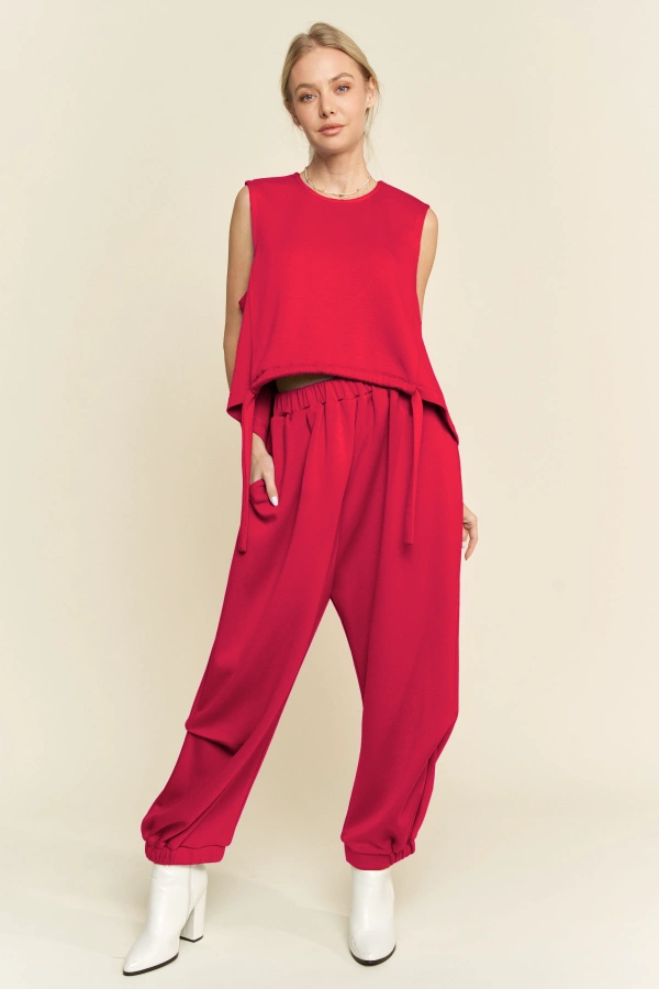 wholesale clothing solid crew neck cinch tie top waistband pants set davi & dani