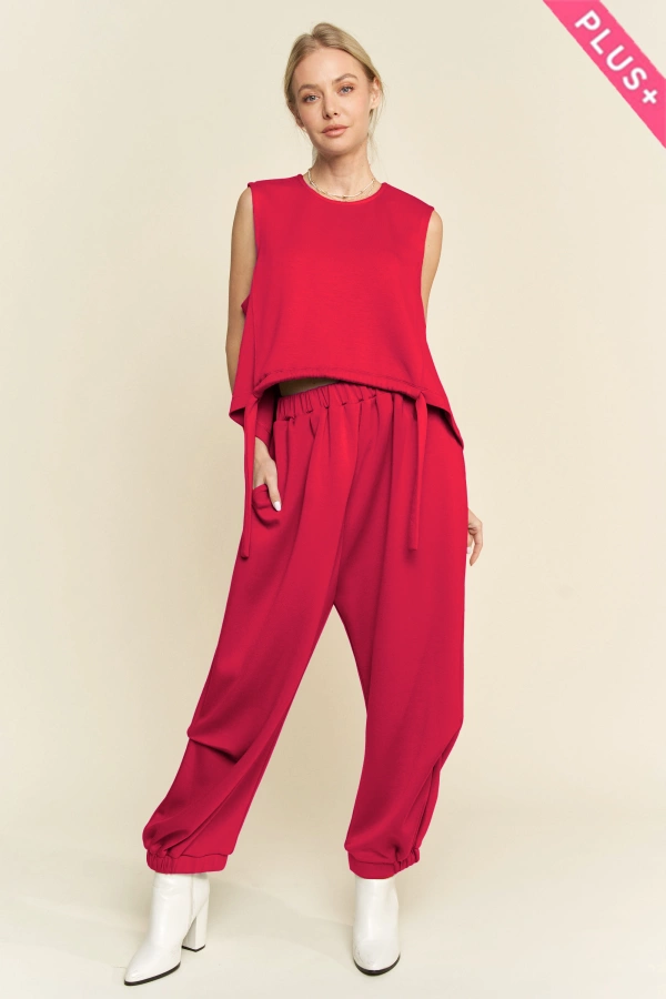 wholesale clothing plus solid crew neck tie top waistband pants set davi & dani