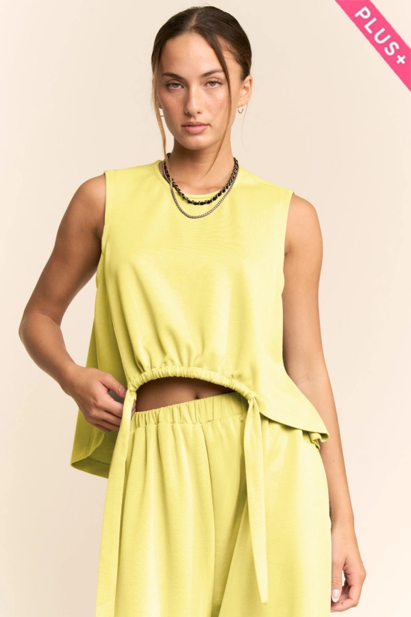 wholesale clothing plus solid crew neck tie top waistband pants set davi & dani