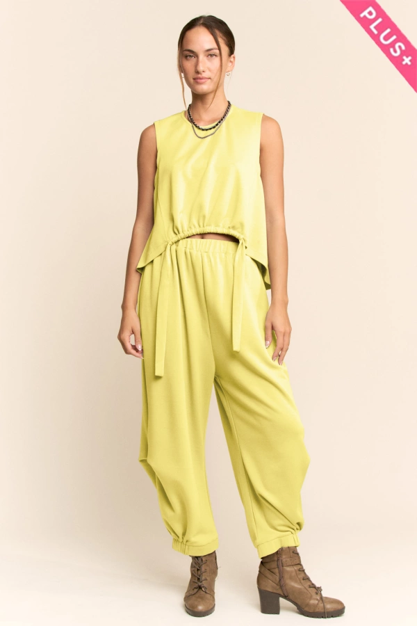 wholesale clothing plus solid crew neck tie top waistband pants set davi & dani