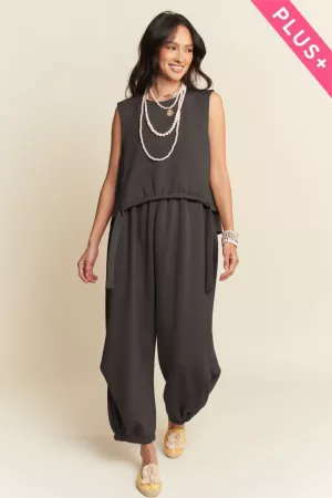 wholesale clothing plus solid crew neck tie top waistband pants set davi & dani