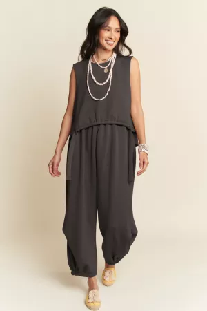 wholesale clothing solid crew neck cinch tie top waistband pants set davi & dani