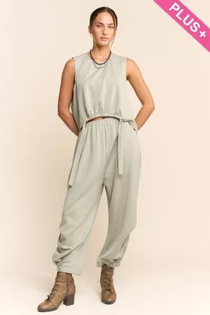 wholesale clothing plus solid crew neck tie top waistband pants set davi & dani