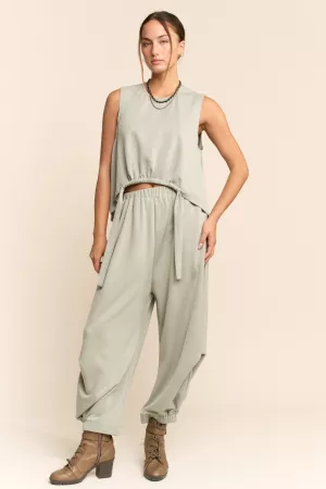 wholesale clothing solid crew neck cinch tie top waistband pants set davi & dani