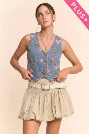 wholesale clothing plus ditsy flower printed denim vest davi & dani