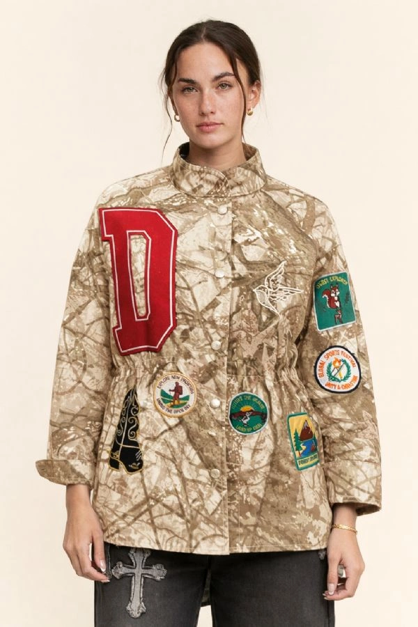 wholesale clothing camo patch detail snap front jacket davi & dani