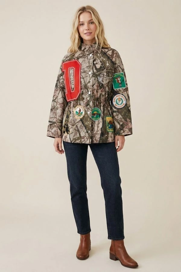 wholesale clothing plus camo patch detail snap front jacket davi & dani