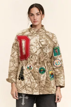 wholesale clothing camo patch detail snap front jacket davi & dani