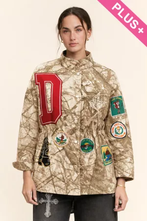 wholesale clothing plus camo patch detail snap front jacket davi & dani