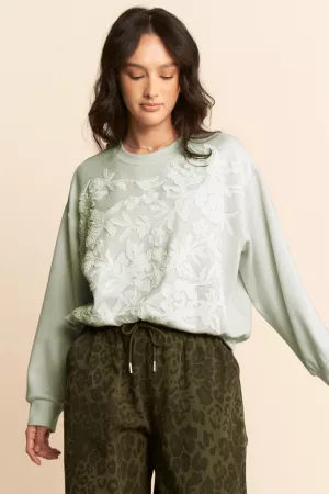 wholesale clothing sheer floral front embroidery on self sweatshirt davi & dani