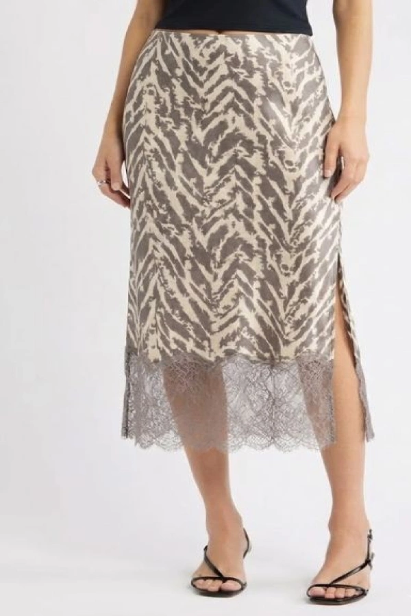 wholesale clothing plus animal printed satin lace trim on the bottom opening skirt davi & dani