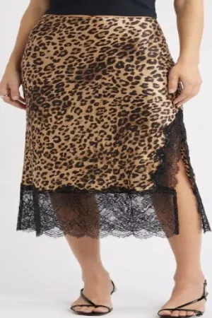 wholesale clothing plus animal printed satin lace trim on the bottom opening skirt davi & dani